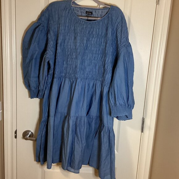 Boohoo Women's Denim Midi Dress Smocking Bodice Puffy Sleeves Ruffles Size 24 - Picture 1 of 8